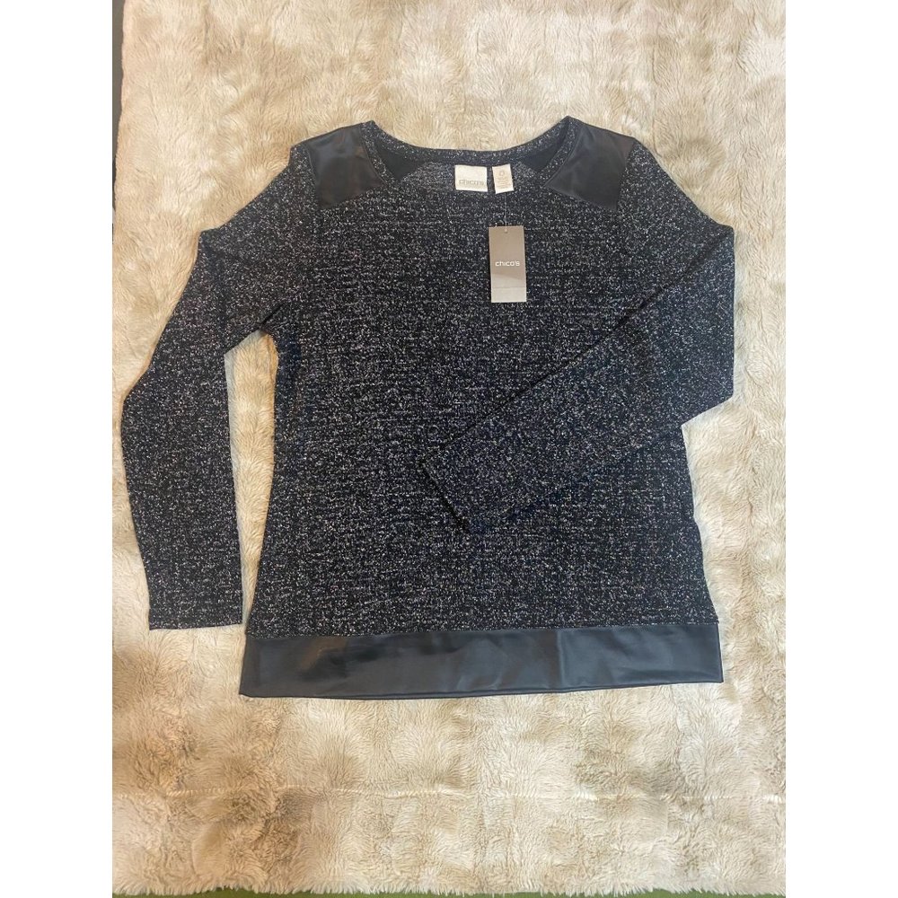NWT Chico's T-shirt top Black‎ Silver Metallic Faux Leather Shoulders, Size S